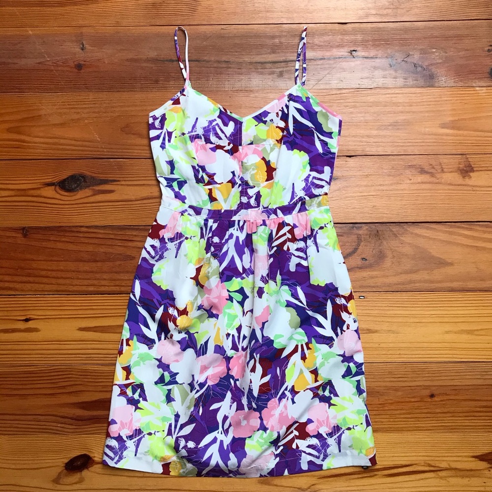 J. Crew Purple Pink Green Floral Dress, EUC, 0 - Picture 1 of 11